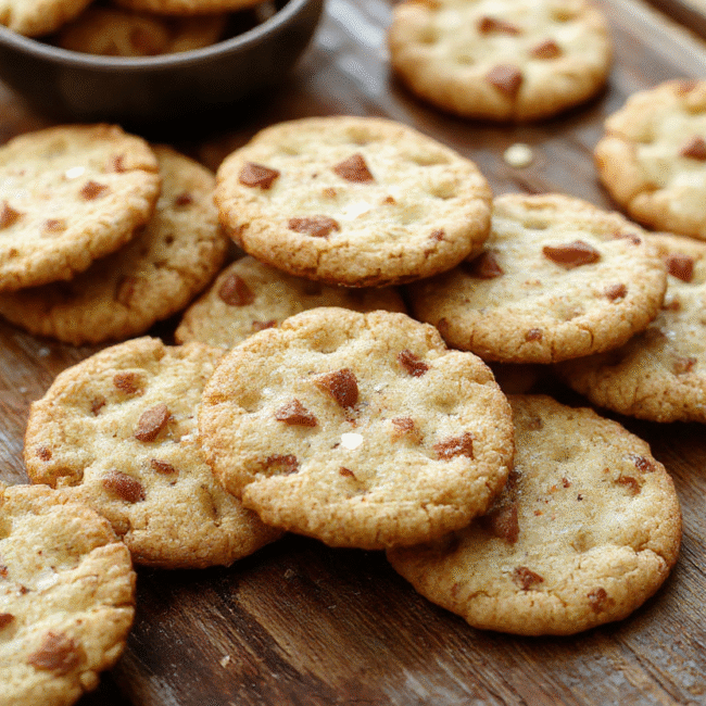 A close-up of a golden-brown toffee layered on crispy crackers, topped with glossy melted chocolate and sprinkled with crushed nuts, arranged on a rustic wooden platter. The toffee has a shiny, caramelized surface with textured edges, styled simply to showcase the rich, inviting layers and crunchy texture.