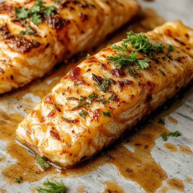 Colorful plated baked pineapple salmon featuring golden-brown salmon fillet topped with vibrant pineapple chunks and green herbs, arranged on a white plate with a drizzle of glaze. The background showcases a rustic wooden table with fresh pineapple slices and green herbs, textures of flaky salmon, juicy pineapple, and glossy glaze highlighting the dish's freshness and appeal.