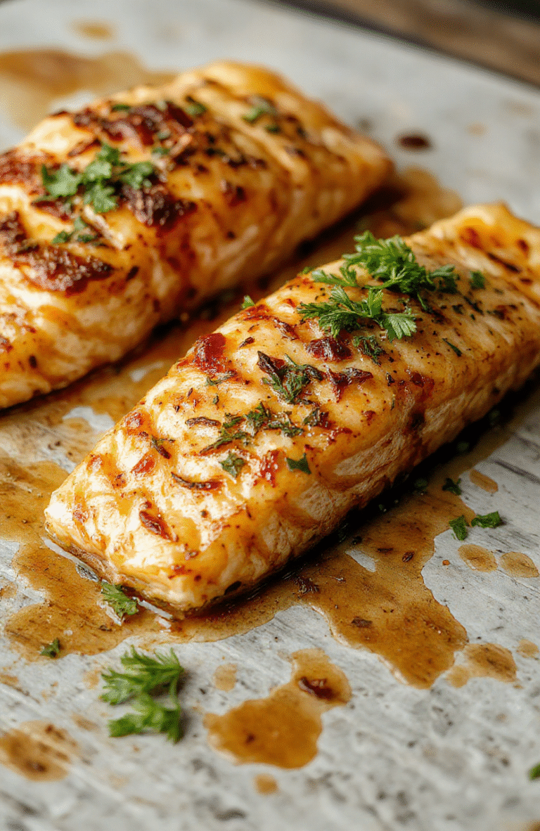 Colorful plated baked pineapple salmon featuring golden-brown salmon fillet topped with vibrant pineapple chunks and green herbs, arranged on a white plate with a drizzle of glaze. The background showcases a rustic wooden table with fresh pineapple slices and green herbs, textures of flaky salmon, juicy pineapple, and glossy glaze highlighting the dish's freshness and appeal.