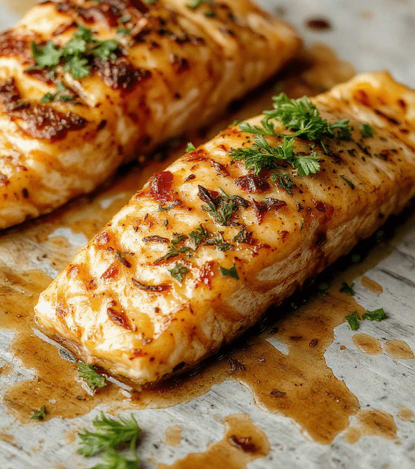 Colorful plated baked pineapple salmon featuring golden-brown salmon fillet topped with vibrant pineapple chunks and green herbs, arranged on a white plate with a drizzle of glaze. The background showcases a rustic wooden table with fresh pineapple slices and green herbs, textures of flaky salmon, juicy pineapple, and glossy glaze highlighting the dish's freshness and appeal.