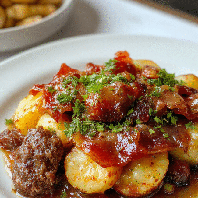 A rustic white plate featuring golden roasted potatoes topped with crispy bacon bits and tender beef chunks, garnished with fresh herbs, styled simply on a wooden table with a neutral background.