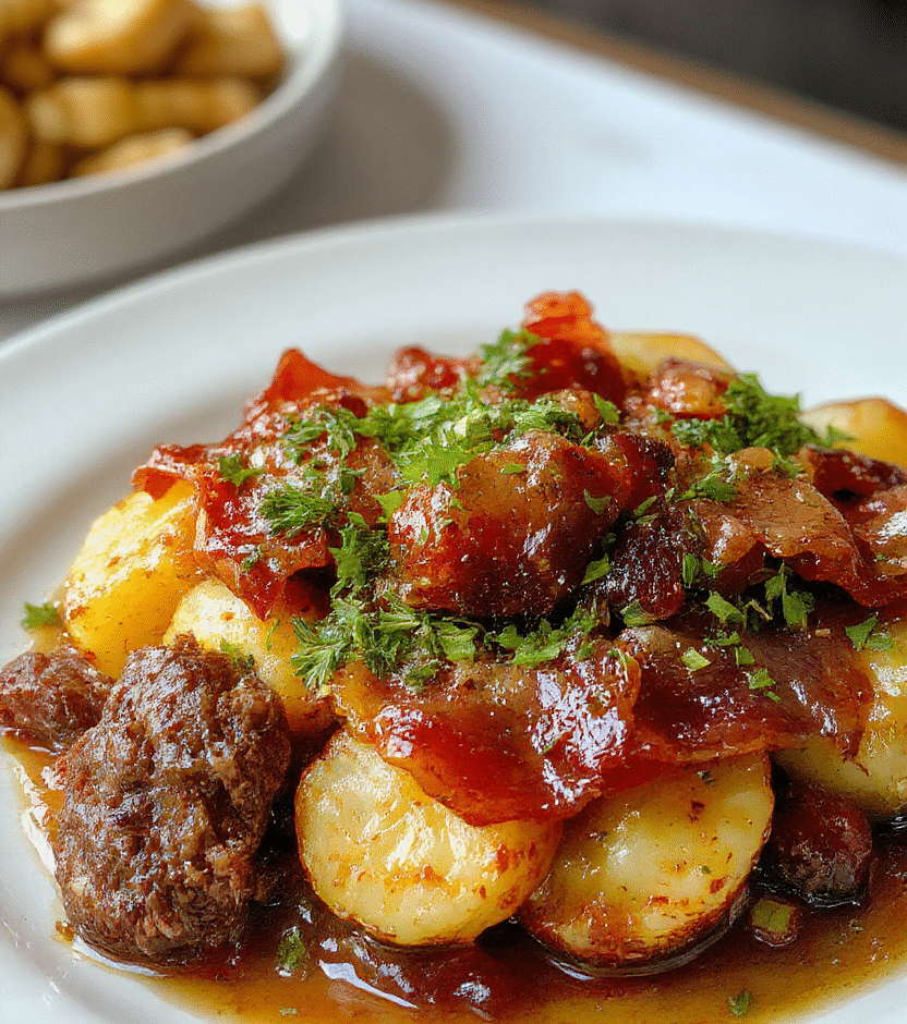 A rustic white plate featuring golden roasted potatoes topped with crispy bacon bits and tender beef chunks, garnished with fresh herbs, styled simply on a wooden table with a neutral background.