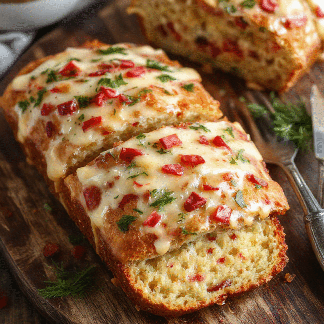 A golden-brown cheesy Christmas bread topped with melted cheese and herbs, sliced to reveal gooey, cheesy interior, served on a rustic wooden platter with festive decorations, vibrant colors, and crispy edges.