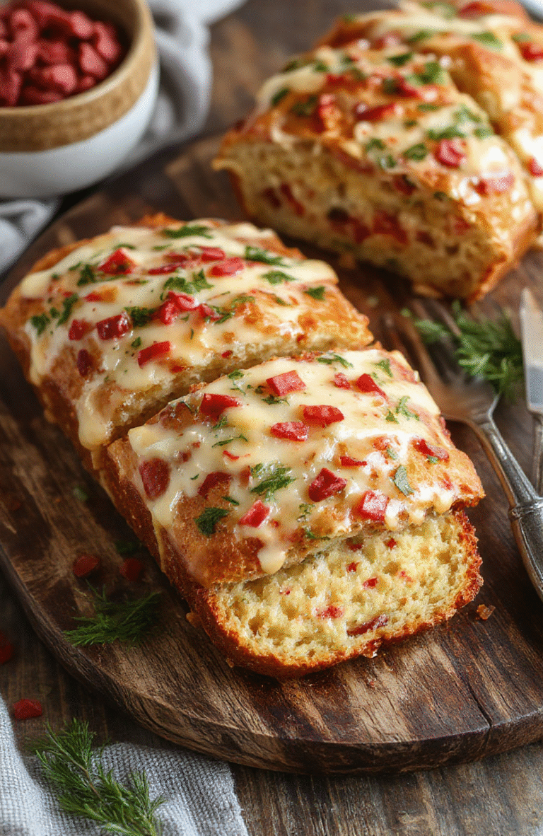 A golden-brown cheesy Christmas bread topped with melted cheese and herbs, sliced to reveal gooey, cheesy interior, served on a rustic wooden platter with festive decorations, vibrant colors, and crispy edges.