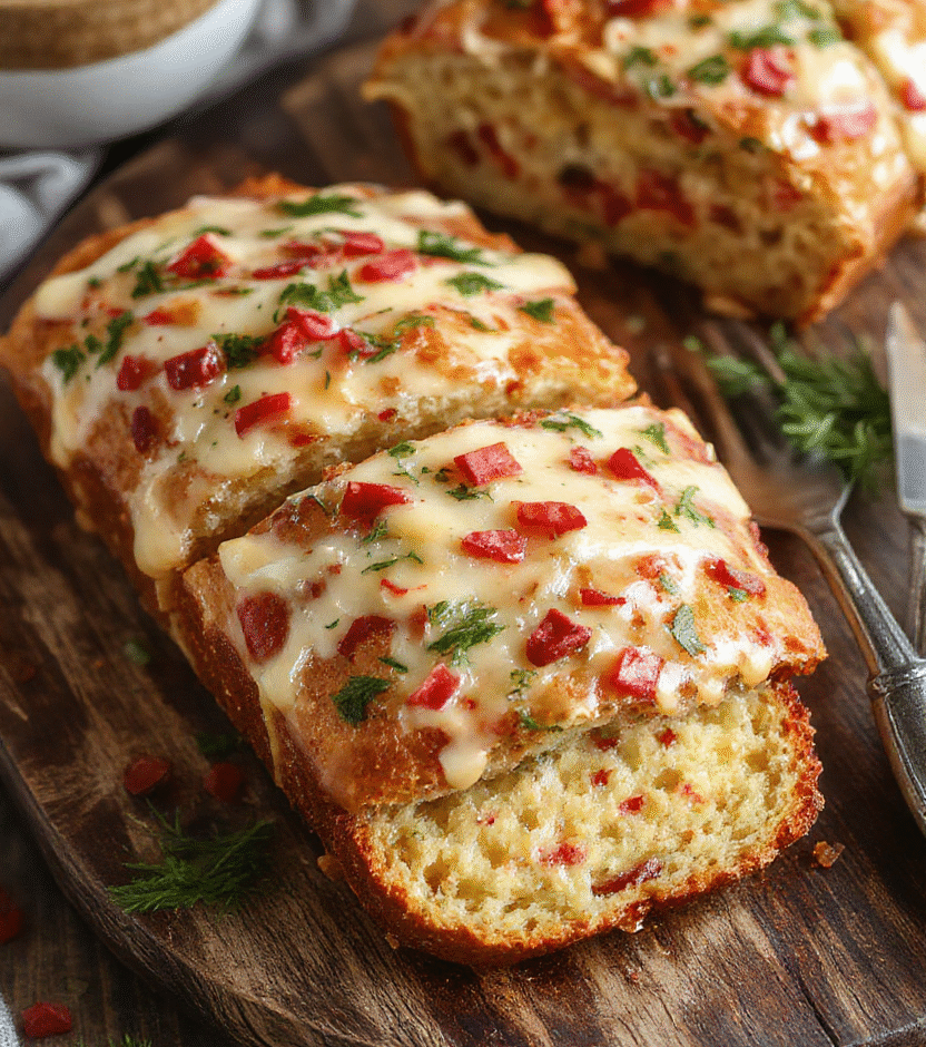 A golden-brown cheesy Christmas bread topped with melted cheese and herbs, sliced to reveal gooey, cheesy interior, served on a rustic wooden platter with festive decorations, vibrant colors, and crispy edges.