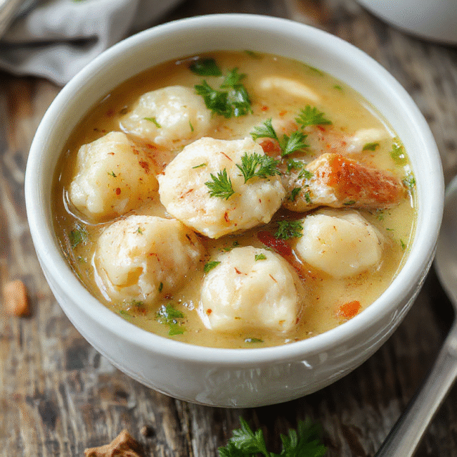 A steaming bowl of chicken dumpling soup with golden dumplings, tender chicken, fresh greens, served in a white ceramic bowl with herbs on top, vibrant colors, textured ingredients, styled simply on a rustic wooden table