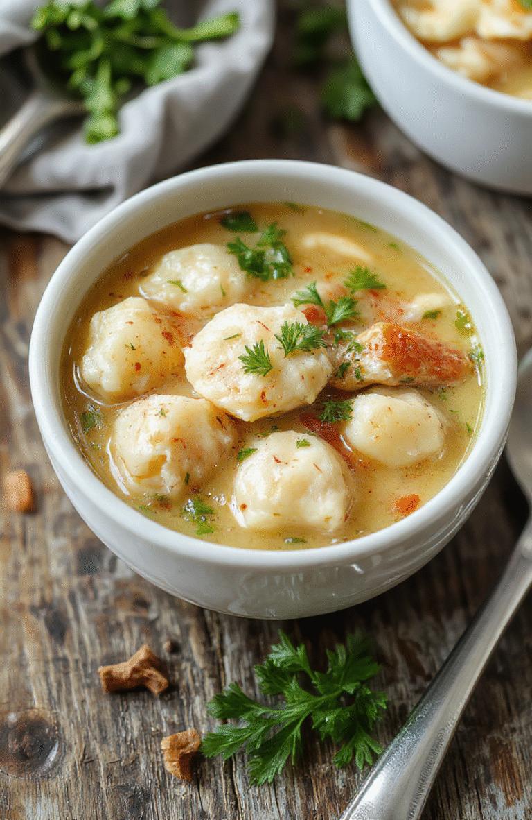 A steaming bowl of chicken dumpling soup with golden dumplings, tender chicken, fresh greens, served in a white ceramic bowl with herbs on top, vibrant colors, textured ingredients, styled simply on a rustic wooden table