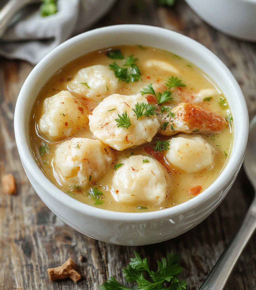 A steaming bowl of chicken dumpling soup with golden dumplings, tender chicken, fresh greens, served in a white ceramic bowl with herbs on top, vibrant colors, textured ingredients, styled simply on a rustic wooden table