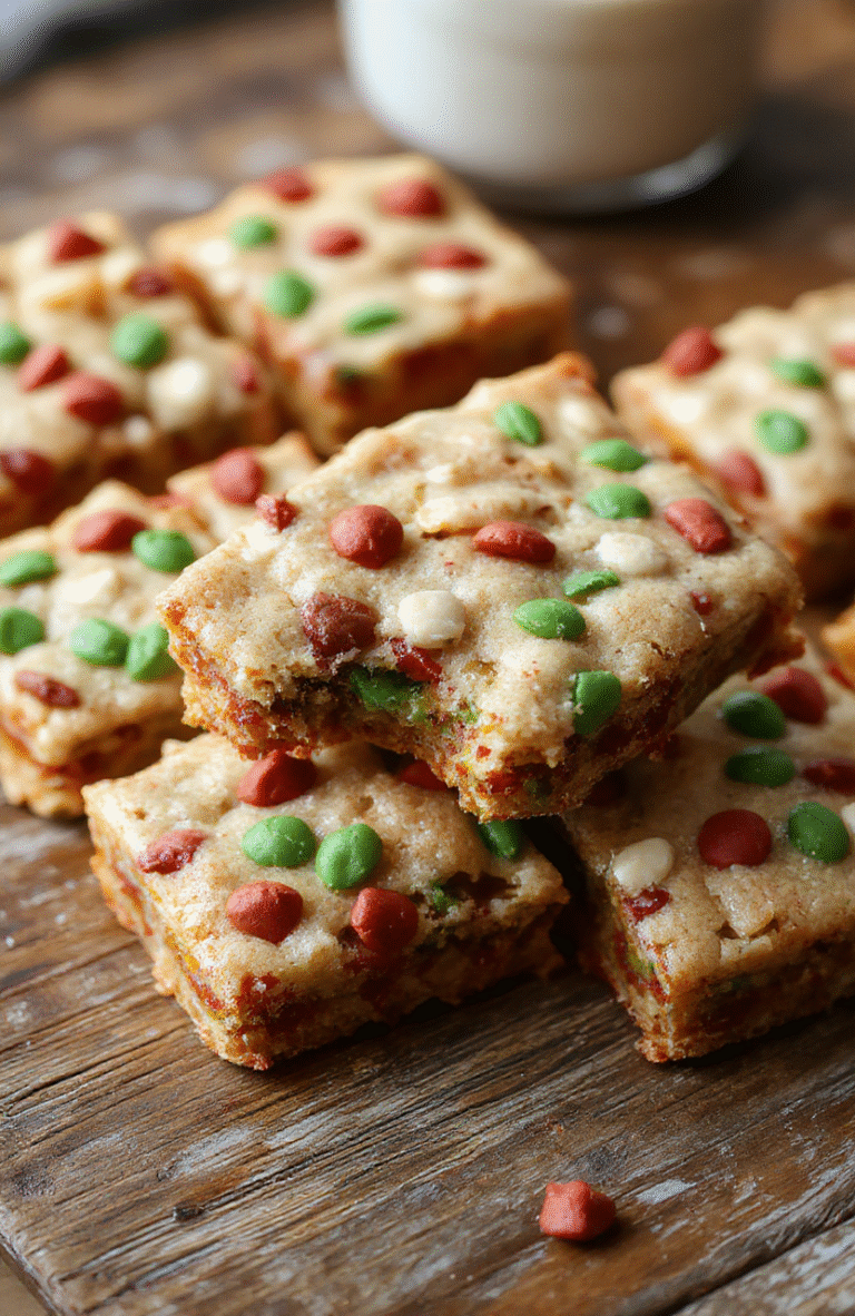 A vibrant, golden-brown tray of Christmas cookie bars topped with colorful sprinkles and icing drizzle, neatly sliced to showcase layers of cookie and luscious toppings, styled on a rustic wooden board with holiday decor in the background
