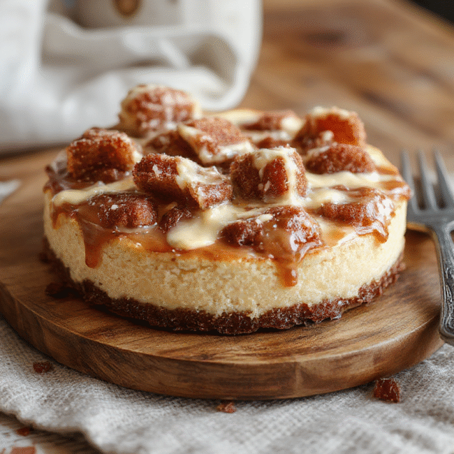 A vibrant cheesecake topped with crispy churro pieces, drizzled with caramel sauce, and finished with cinnamon sugar coating. The cheesecake sits on a rustic wooden platter, surrounded by dollops of whipped cream and cinnamon sticks, showcasing textures of creamy filling and crunchy churro bits with warm golden hues.