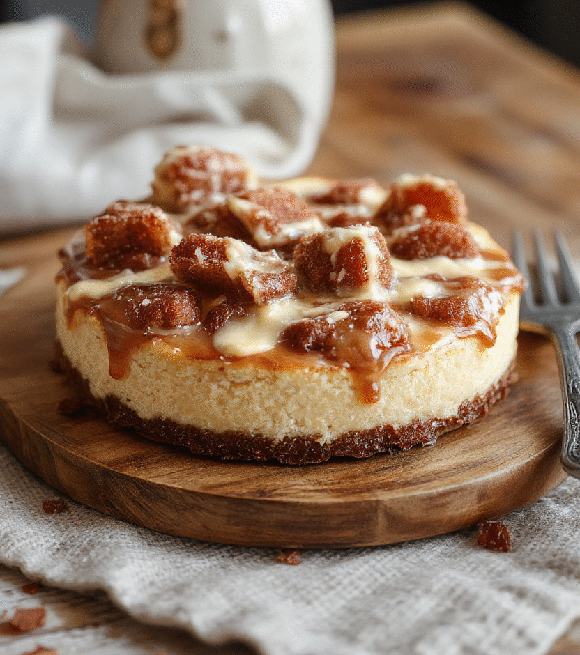 A vibrant cheesecake topped with crispy churro pieces, drizzled with caramel sauce, and finished with cinnamon sugar coating. The cheesecake sits on a rustic wooden platter, surrounded by dollops of whipped cream and cinnamon sticks, showcasing textures of creamy filling and crunchy churro bits with warm golden hues.