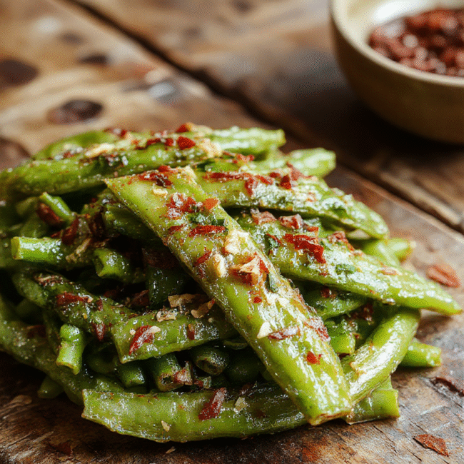 A close-up of vibrant green beans coated with crispy, golden-brown crack seasoning, arranged in a rustic bowl on a wooden table with a blurred background, highlighting the glossy texture and crunchy topping for an appetizing look.