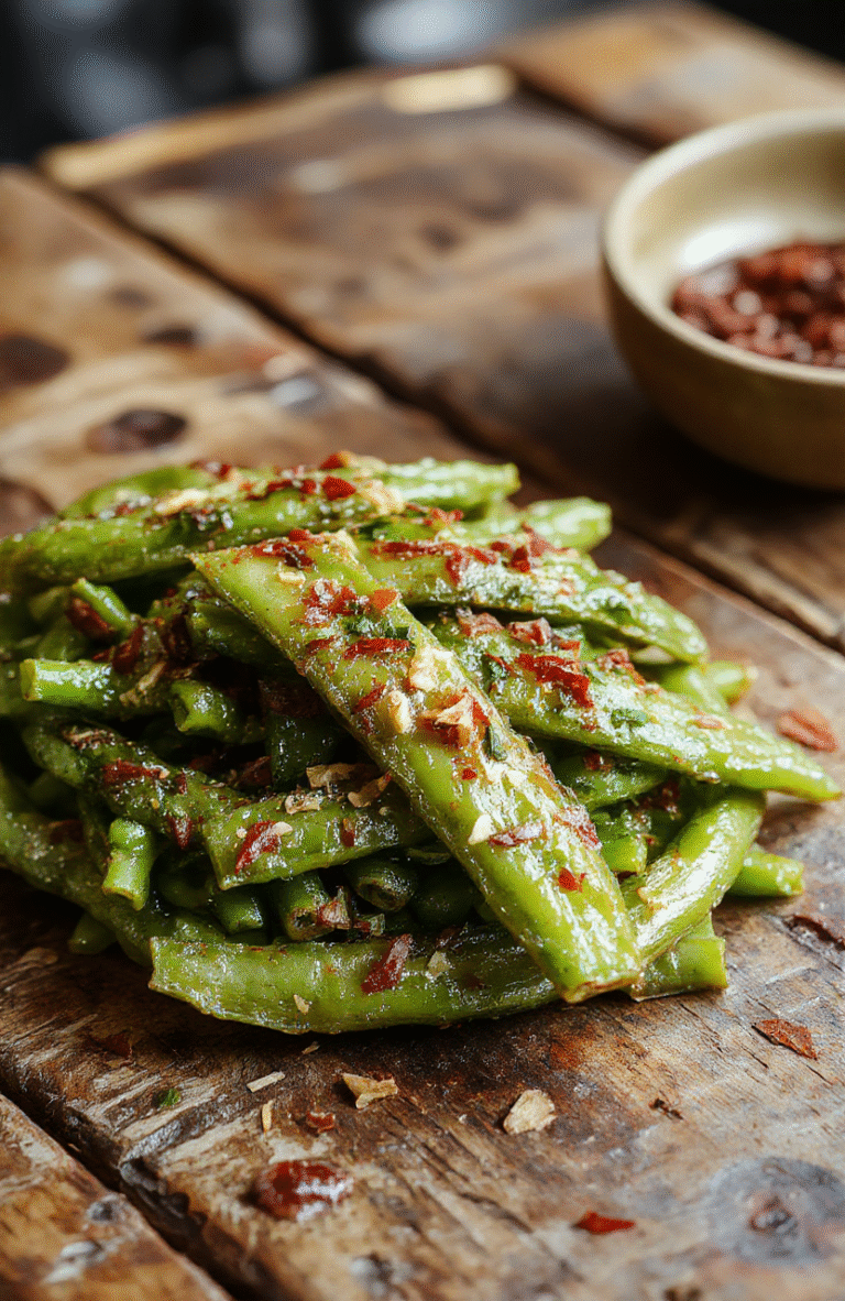 A close-up of vibrant green beans coated with crispy, golden-brown crack seasoning, arranged in a rustic bowl on a wooden table with a blurred background, highlighting the glossy texture and crunchy topping for an appetizing look.