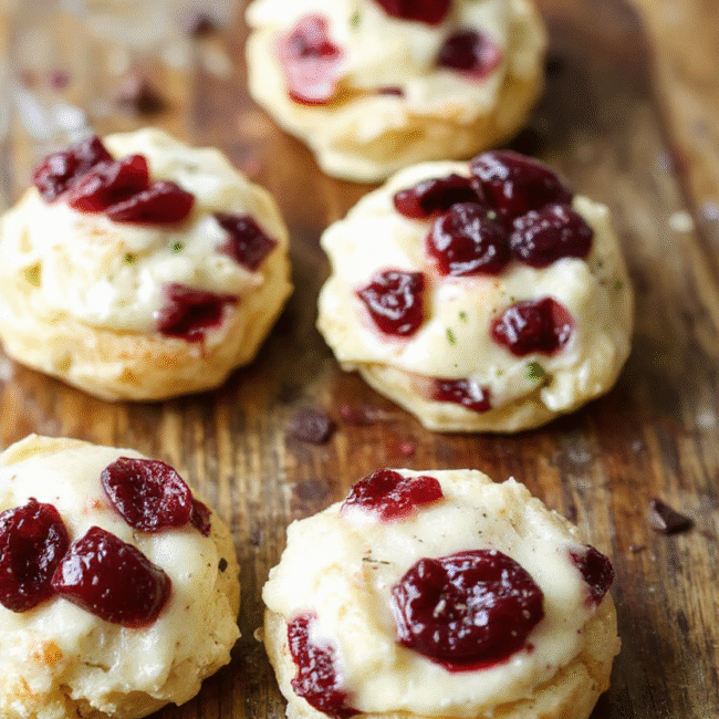 Colorful cranberry brie bites arranged on a elegant white platter, featuring flaky golden pastry cups filled with creamy brie and topped with vibrant red cranberries and a sprig of fresh thyme, styled with a festive holiday theme, with a blurred background of rustic wooden table and soft lighting.