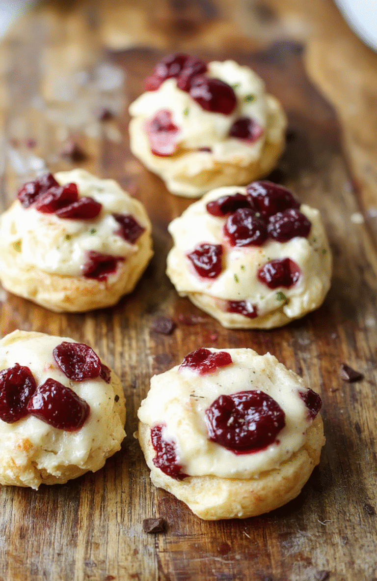 Colorful cranberry brie bites arranged on a elegant white platter, featuring flaky golden pastry cups filled with creamy brie and topped with vibrant red cranberries and a sprig of fresh thyme, styled with a festive holiday theme, with a blurred background of rustic wooden table and soft lighting.
