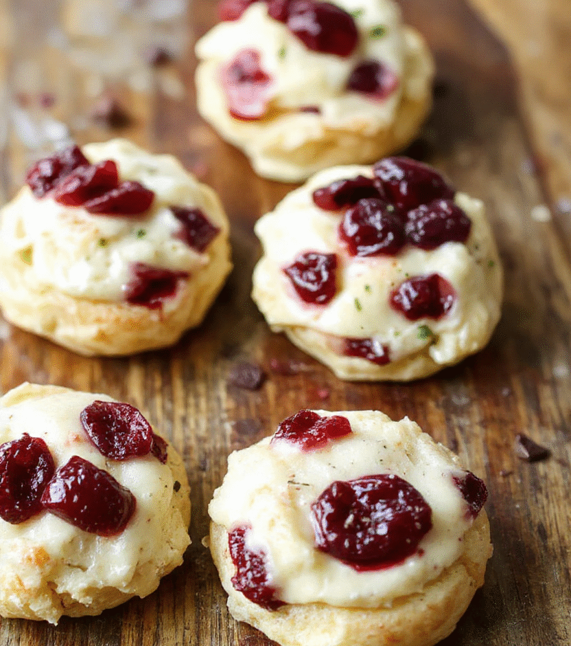 Colorful cranberry brie bites arranged on a elegant white platter, featuring flaky golden pastry cups filled with creamy brie and topped with vibrant red cranberries and a sprig of fresh thyme, styled with a festive holiday theme, with a blurred background of rustic wooden table and soft lighting.
