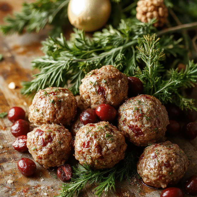 A close-up of flavorful cranberry meatballs glazed with sauce, garnished with fresh herbs on a white serving platter. The vibrant red cranberries and glossy sauce contrast with the golden-brown meatballs, styled for a festive Christmas presentation with a cozy holiday backdrop.