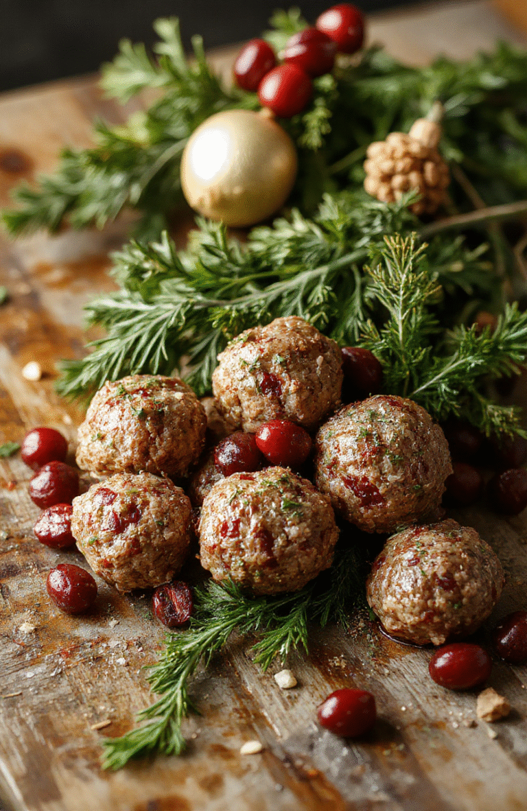 A close-up of flavorful cranberry meatballs glazed with sauce, garnished with fresh herbs on a white serving platter. The vibrant red cranberries and glossy sauce contrast with the golden-brown meatballs, styled for a festive Christmas presentation with a cozy holiday backdrop.