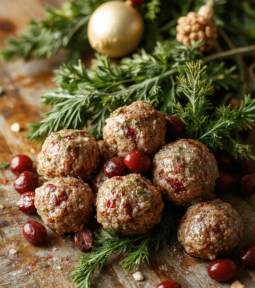 A close-up of flavorful cranberry meatballs glazed with sauce, garnished with fresh herbs on a white serving platter. The vibrant red cranberries and glossy sauce contrast with the golden-brown meatballs, styled for a festive Christmas presentation with a cozy holiday backdrop.