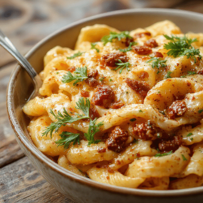 A vibrant plate of creamy Cajun pasta topped with sliced sausage, colorful bell peppers, and fresh herbs, served in a rustic white bowl on a wooden table with a garnished lemon wedge.