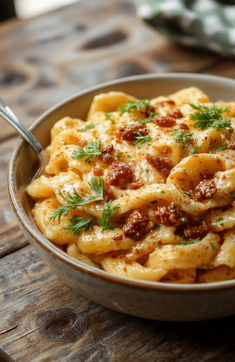 A vibrant plate of creamy Cajun pasta topped with sliced sausage, colorful bell peppers, and fresh herbs, served in a rustic white bowl on a wooden table with a garnished lemon wedge.