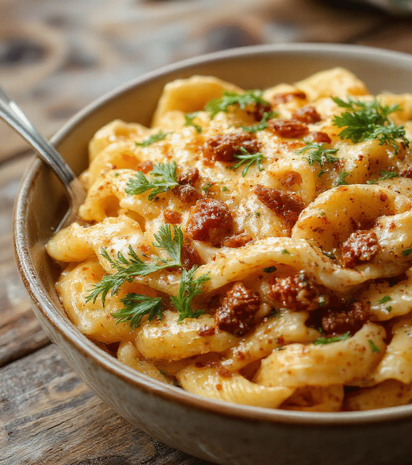 A vibrant plate of creamy Cajun pasta topped with sliced sausage, colorful bell peppers, and fresh herbs, served in a rustic white bowl on a wooden table with a garnished lemon wedge.