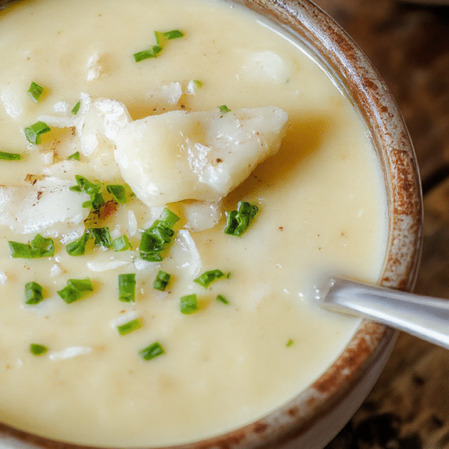 A creamy, hearty potato soup served in a rustic white bowl, garnished with chopped chives and shredded cheese. The soup has a smooth, velvety texture with bits of tender potato visible. It is placed on a wooden table with a spoon resting next to the bowl, and a soft-focus background featuring a cozy kitchen setting with warm lighting.