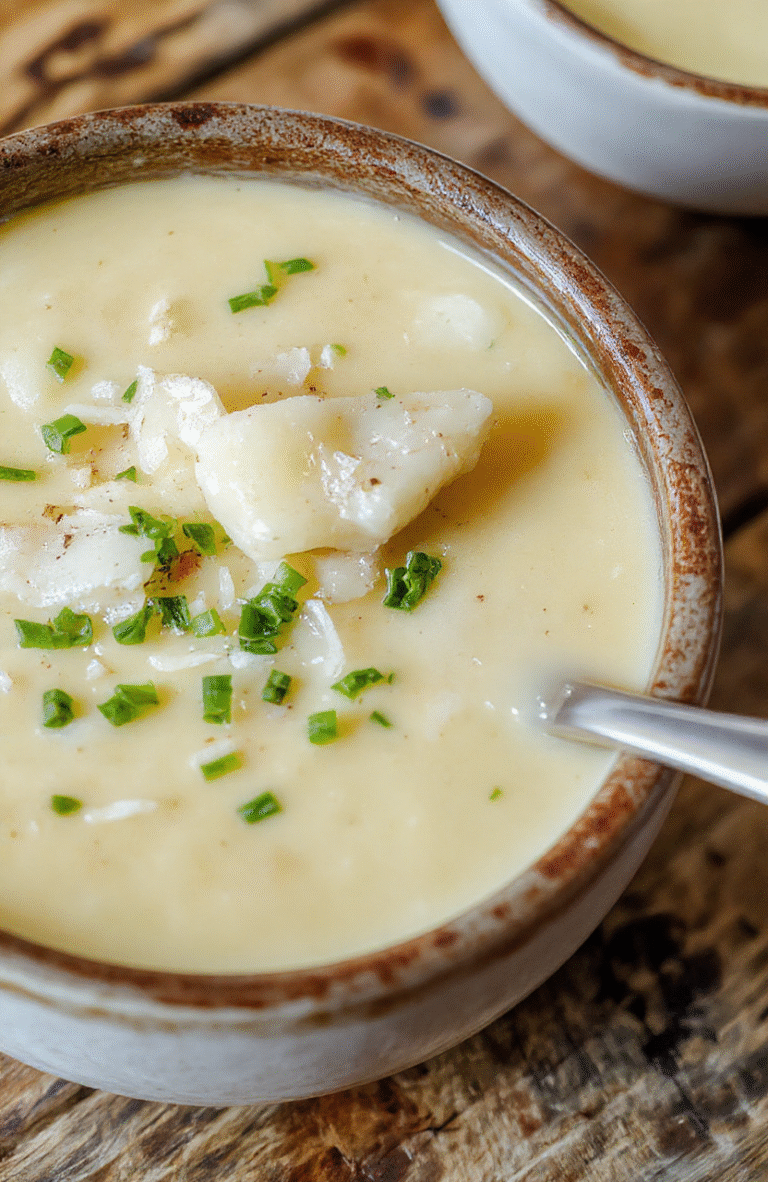 A creamy, hearty potato soup served in a rustic white bowl, garnished with chopped chives and shredded cheese. The soup has a smooth, velvety texture with bits of tender potato visible. It is placed on a wooden table with a spoon resting next to the bowl, and a soft-focus background featuring a cozy kitchen setting with warm lighting.