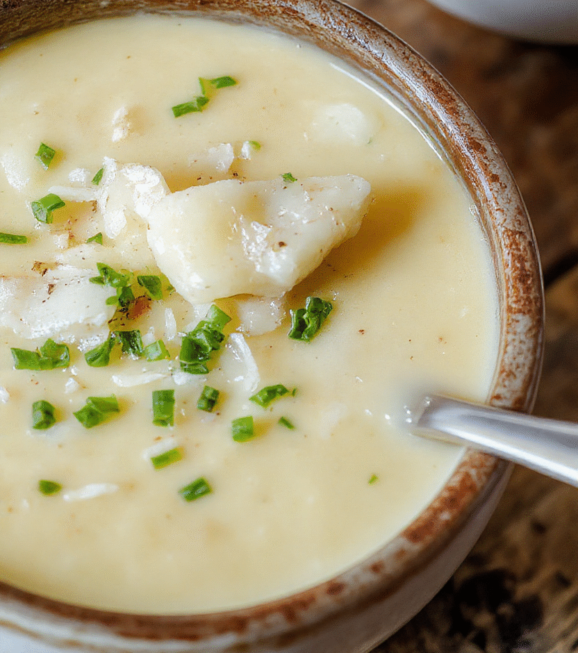 A creamy, hearty potato soup served in a rustic white bowl, garnished with chopped chives and shredded cheese. The soup has a smooth, velvety texture with bits of tender potato visible. It is placed on a wooden table with a spoon resting next to the bowl, and a soft-focus background featuring a cozy kitchen setting with warm lighting.