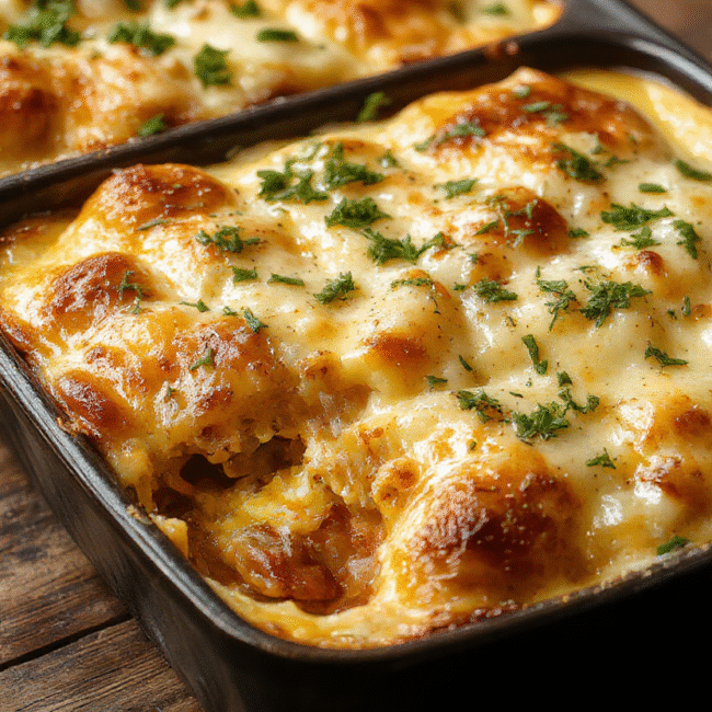 A colorful bowl of Hobo Casserole featuring layers of seasoned ground beef, diced vegetables, and melted cheese, garnished with fresh herbs, served on a rustic wooden table with a golden crust topping and vibrant ingredients highlighting textures and flavors.