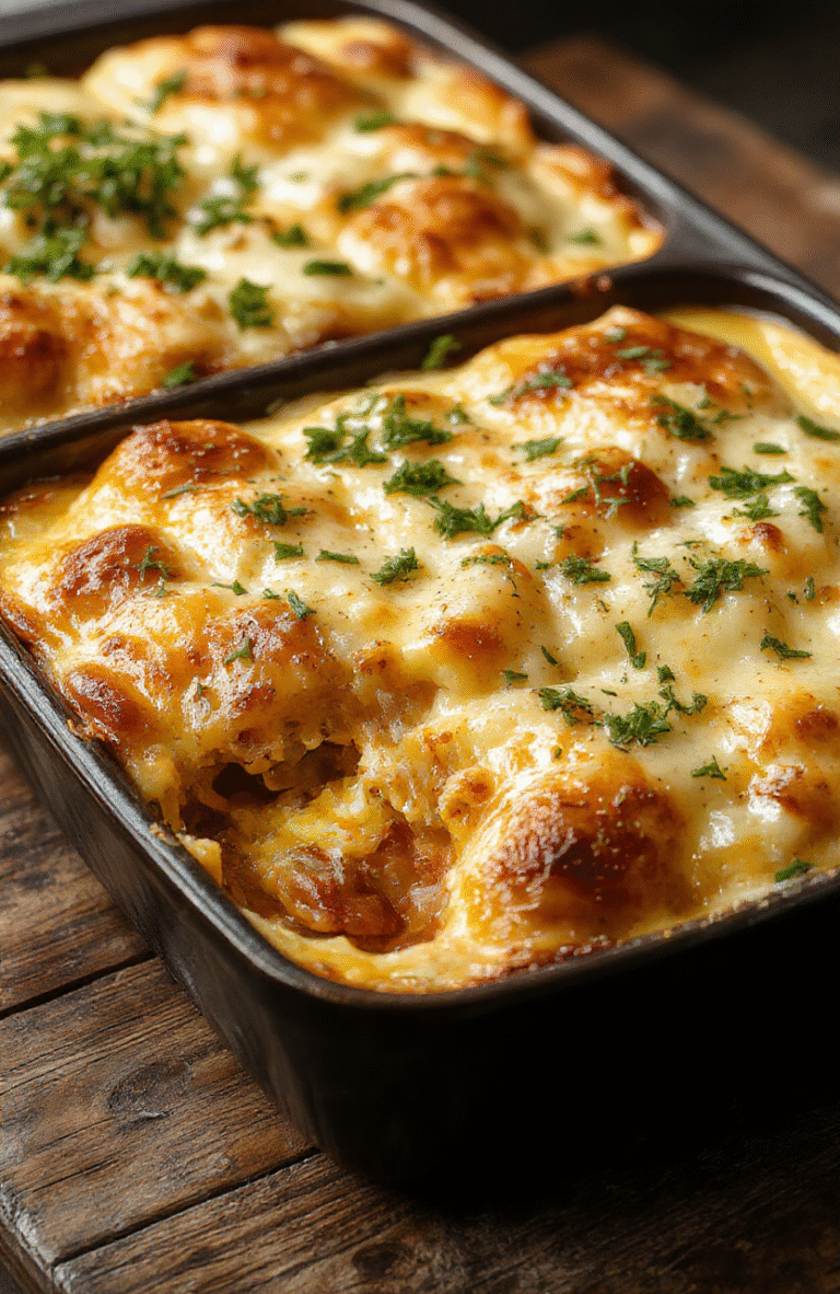 A colorful bowl of Hobo Casserole featuring layers of seasoned ground beef, diced vegetables, and melted cheese, garnished with fresh herbs, served on a rustic wooden table with a golden crust topping and vibrant ingredients highlighting textures and flavors.