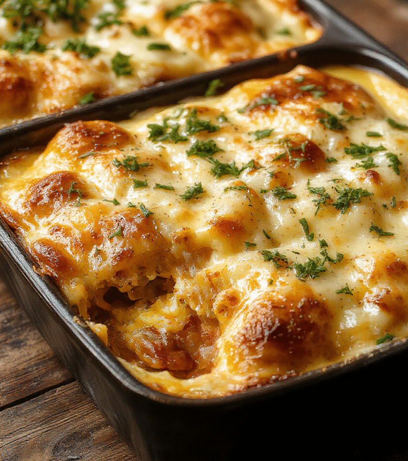 A colorful bowl of Hobo Casserole featuring layers of seasoned ground beef, diced vegetables, and melted cheese, garnished with fresh herbs, served on a rustic wooden table with a golden crust topping and vibrant ingredients highlighting textures and flavors.