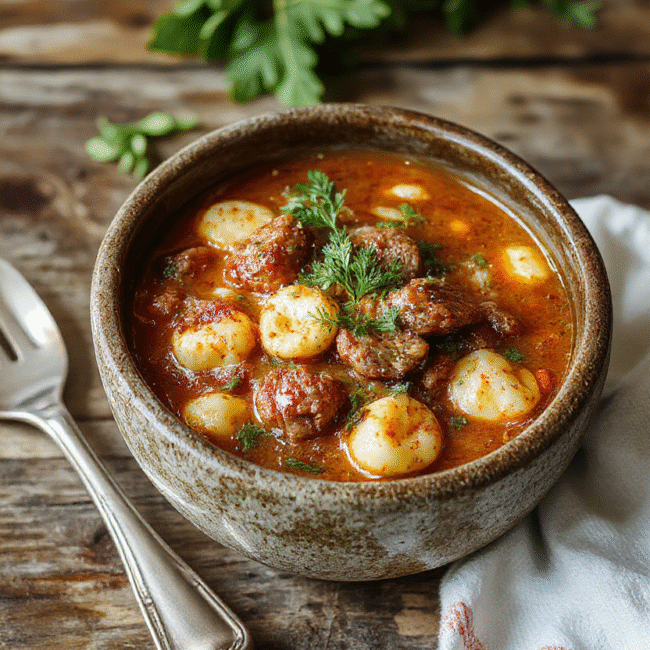 A vibrant bowl of Italian sausage tortellini soup showcasing plump tortellini, sliced Italian sausage, fresh spinach, and tomato broth garnished with grated Parmesan and chopped herbs, styled on a rustic wooden table with warm lighting highlighting textures and ingredients.