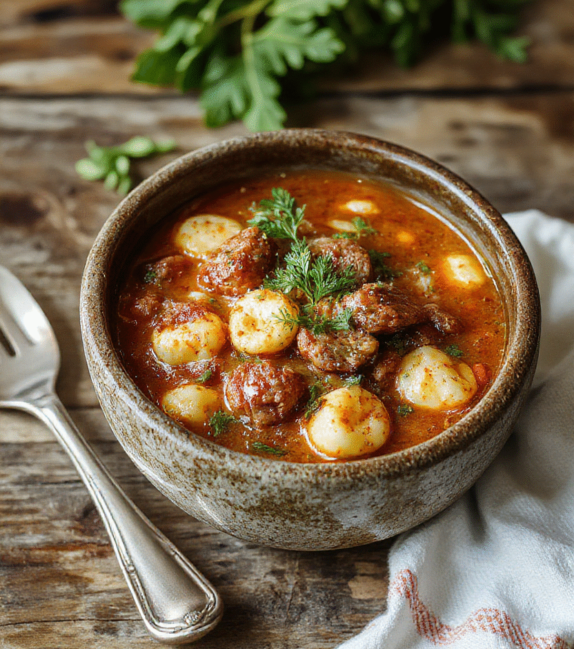 A vibrant bowl of Italian sausage tortellini soup showcasing plump tortellini, sliced Italian sausage, fresh spinach, and tomato broth garnished with grated Parmesan and chopped herbs, styled on a rustic wooden table with warm lighting highlighting textures and ingredients.