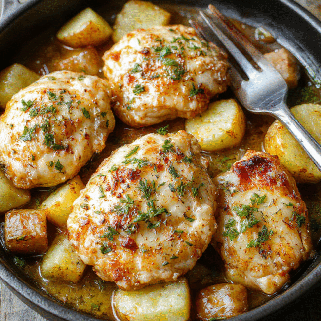 A rustic white plate filled with crispy golden roasted chicken pieces topped with melted Parmesan cheese and freshly chopped parsley, surrounded by roasted baby potatoes with a caramelized exterior, drizzled with garlic butter sauce, all styled on a wooden board with soft natural lighting highlighting the textures and vibrant colors.