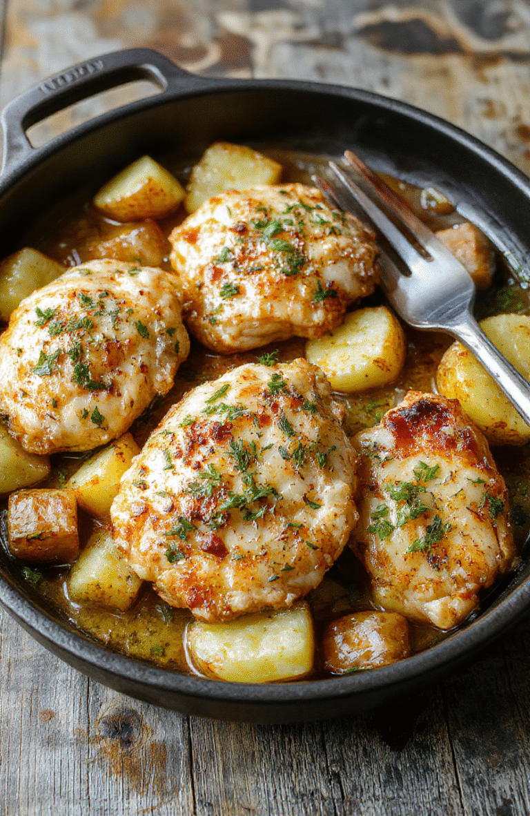 A rustic white plate filled with crispy golden roasted chicken pieces topped with melted Parmesan cheese and freshly chopped parsley, surrounded by roasted baby potatoes with a caramelized exterior, drizzled with garlic butter sauce, all styled on a wooden board with soft natural lighting highlighting the textures and vibrant colors.