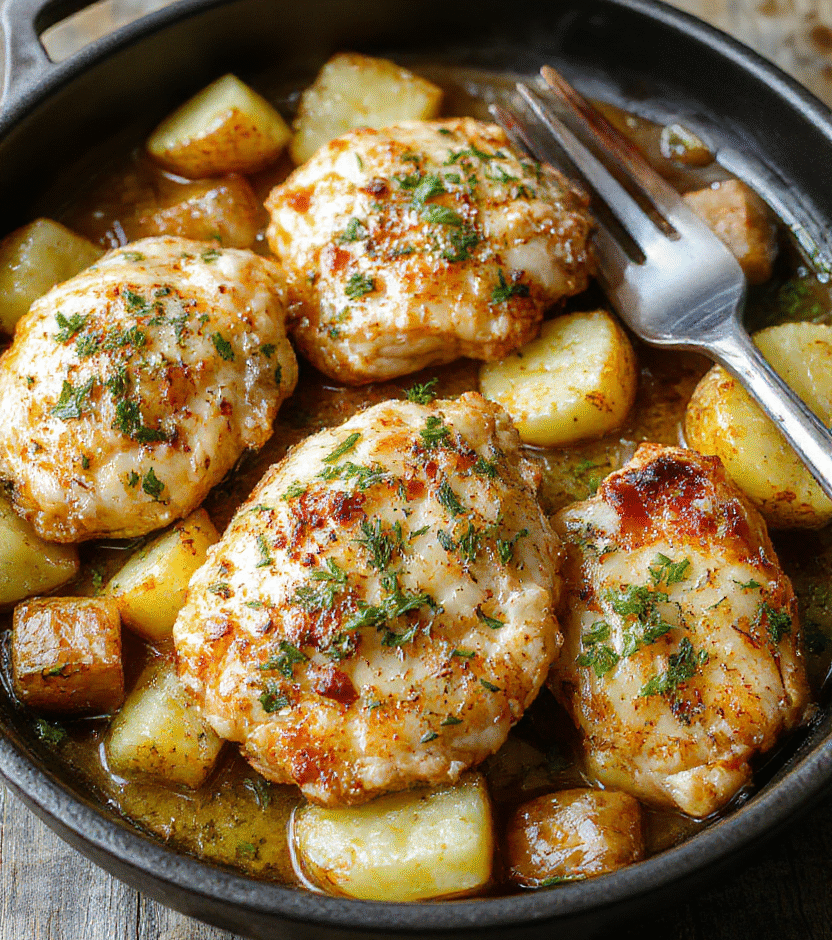 A rustic white plate filled with crispy golden roasted chicken pieces topped with melted Parmesan cheese and freshly chopped parsley, surrounded by roasted baby potatoes with a caramelized exterior, drizzled with garlic butter sauce, all styled on a wooden board with soft natural lighting highlighting the textures and vibrant colors.