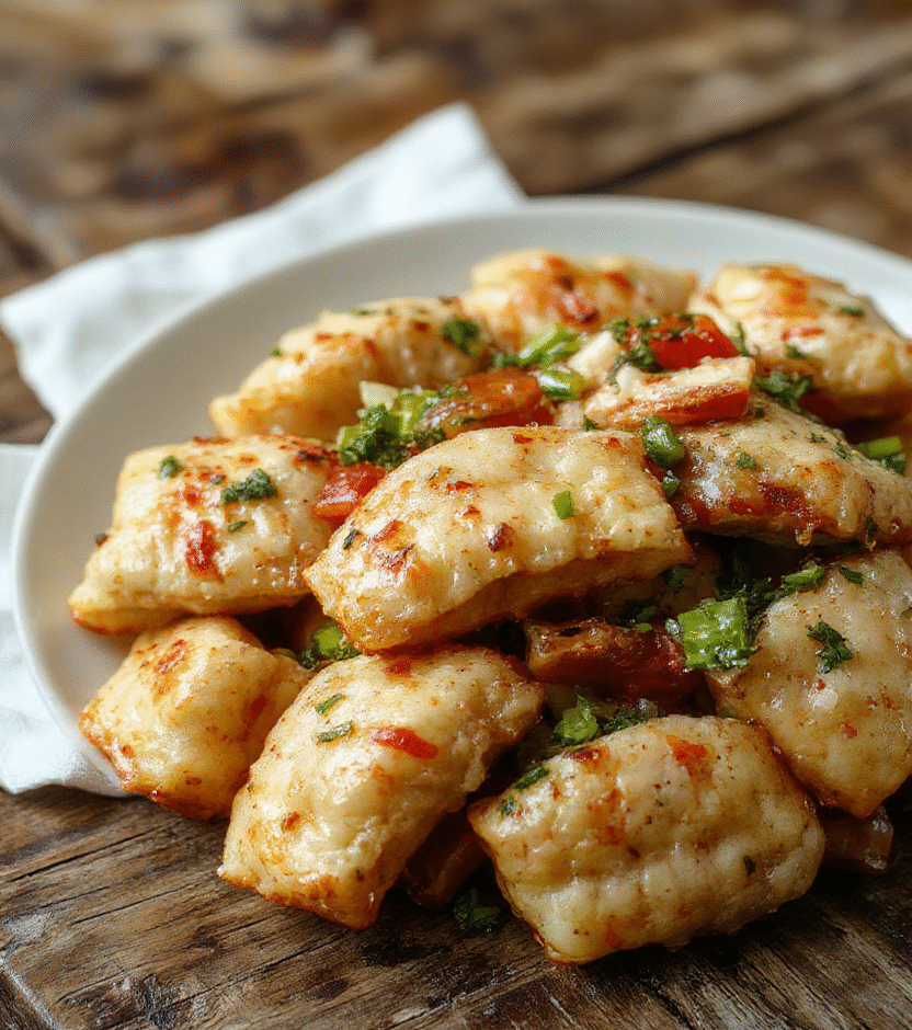 A vibrant stir fry featuring golden-brown potstickers nestled amongst colorful bell peppers, snap peas, and carrots on a white ceramic plate garnished with sesame seeds and chopped scallions, styled casually with a rustic wooden background.
