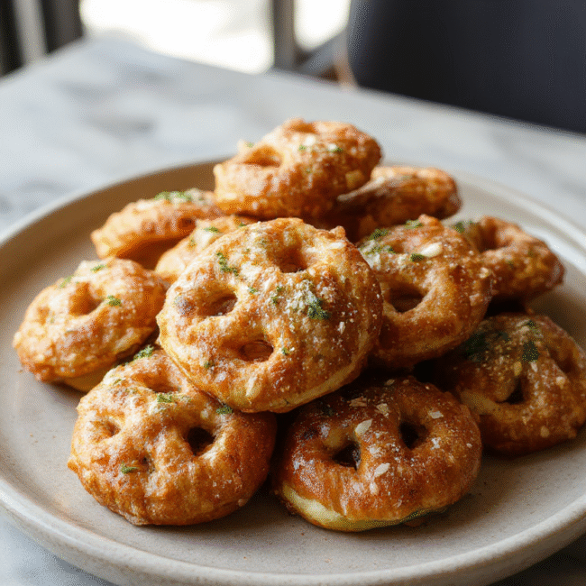 A close-up of golden-brown pretzel bites topped with shiny melted Rolo chocolates, arranged on a neutral-colored plate with a few pretzels scattered around and a soft blurred background emphasizing the glossy caramel and chocolate textures.