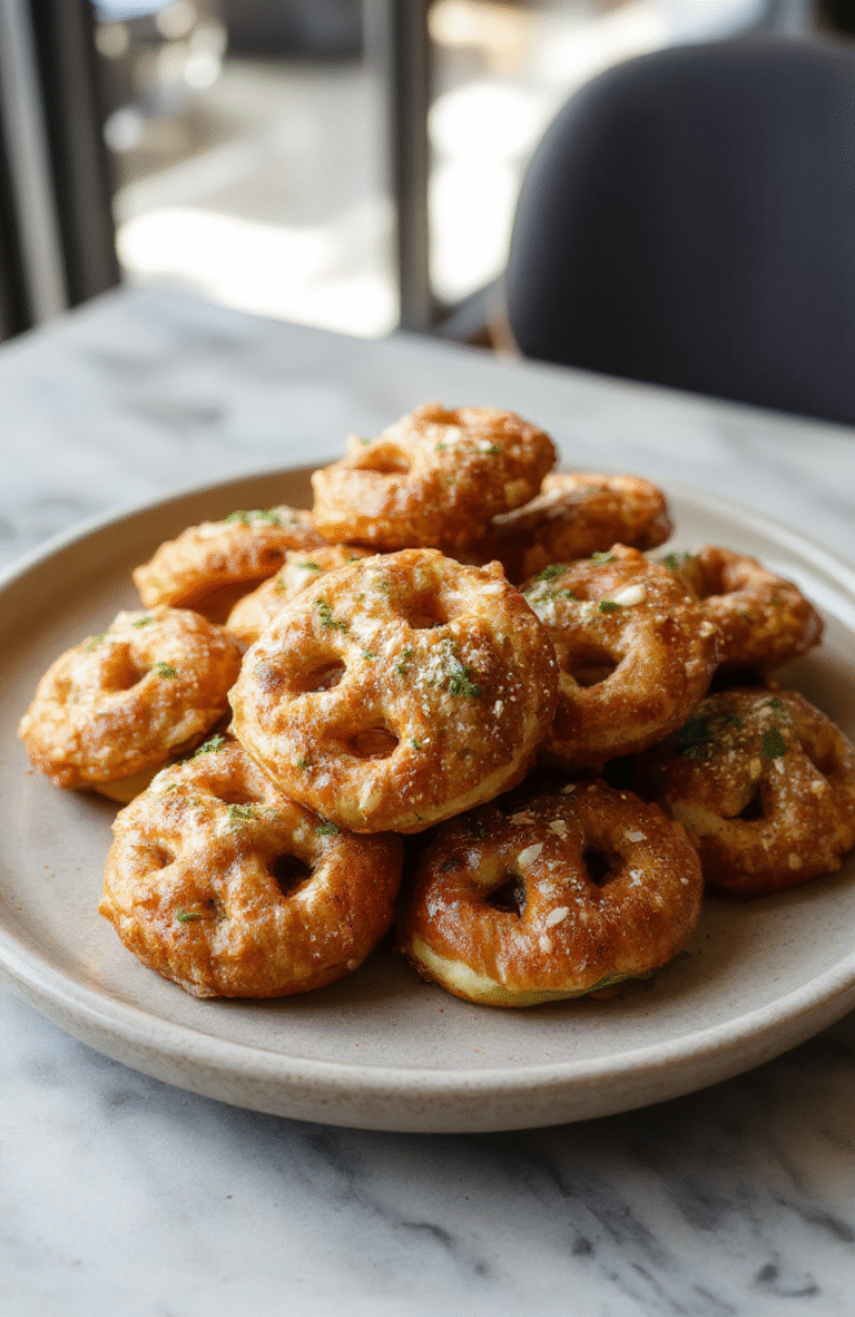 A close-up of golden-brown pretzel bites topped with shiny melted Rolo chocolates, arranged on a neutral-colored plate with a few pretzels scattered around and a soft blurred background emphasizing the glossy caramel and chocolate textures.