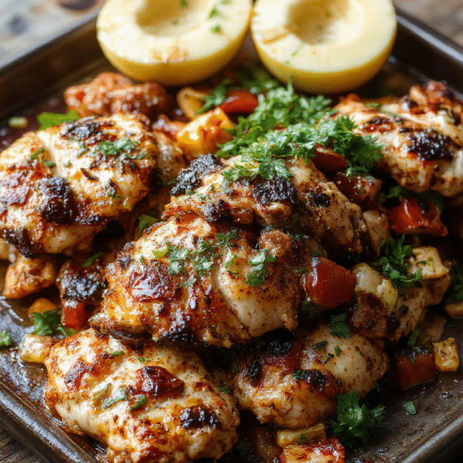 A vibrant plate of chicken fajitas with colorful bell peppers and onions, perfectly seasoned and garnished with fresh cilantro on a rustic wooden surface.