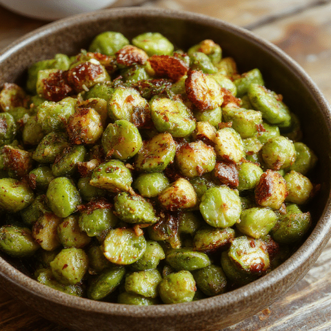 A vibrant bowl of bright green peas garnished with fresh herbs on a rustic wooden table. The peas are tender and glossy, accented with a sprinkle of parmesan cheese and crispy bacon bits, presented in a white ceramic bowl with natural daylight highlighting their fresh texture. Simple, colorful, and appetizing, perfect for a holiday feast.