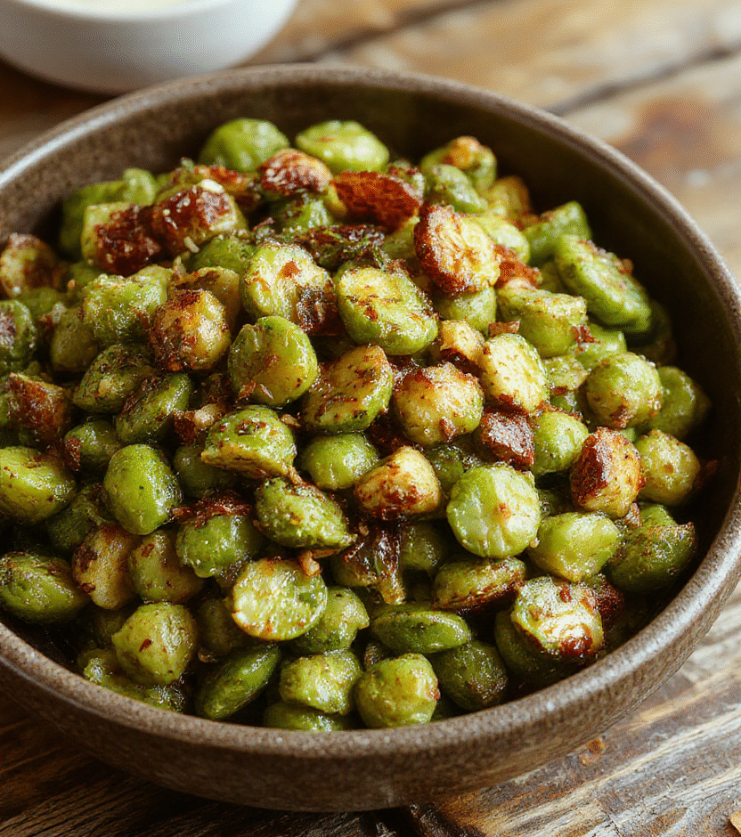A vibrant bowl of bright green peas garnished with fresh herbs on a rustic wooden table. The peas are tender and glossy, accented with a sprinkle of parmesan cheese and crispy bacon bits, presented in a white ceramic bowl with natural daylight highlighting their fresh texture. Simple, colorful, and appetizing, perfect for a holiday feast.