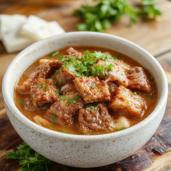 A vibrant Korean beef bowl featuring thinly sliced beef coated in a glossy savory sauce, nestled atop fluffy steamed rice, garnished with sliced green onions and sesame seeds. The dish is presented on a dark wooden plate, with colorful vegetables like shredded carrots and cucumber slices on the side, creating an appealing contrast in textures and colors.