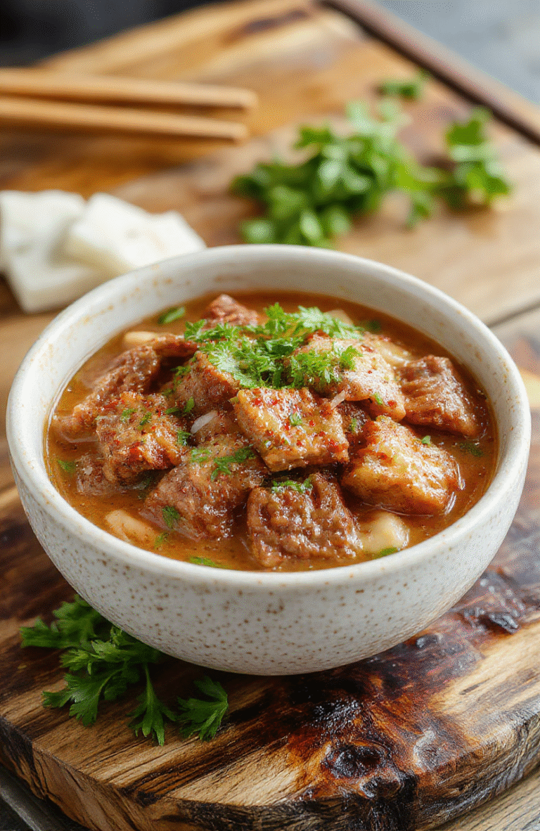 A vibrant Korean beef bowl featuring thinly sliced beef coated in a glossy savory sauce, nestled atop fluffy steamed rice, garnished with sliced green onions and sesame seeds. The dish is presented on a dark wooden plate, with colorful vegetables like shredded carrots and cucumber slices on the side, creating an appealing contrast in textures and colors.