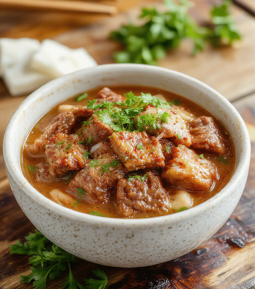 A vibrant Korean beef bowl featuring thinly sliced beef coated in a glossy savory sauce, nestled atop fluffy steamed rice, garnished with sliced green onions and sesame seeds. The dish is presented on a dark wooden plate, with colorful vegetables like shredded carrots and cucumber slices on the side, creating an appealing contrast in textures and colors.