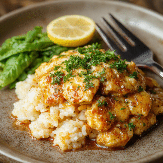A close-up of a hearty plate featuring tender golden-brown chicken thighs smothered in rich gravy, topped with fresh parsley, served alongside fluffy rice and sautéed vegetables, all presented on a rustic white plate with a warm, inviting background.
