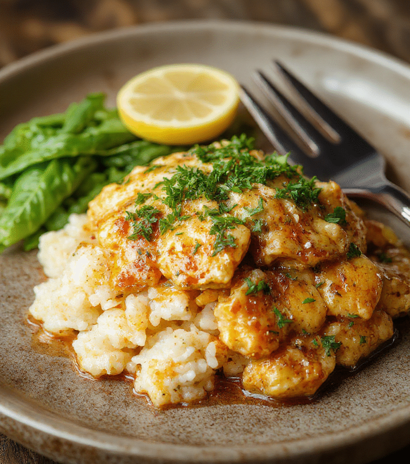A close-up of a hearty plate featuring tender golden-brown chicken thighs smothered in rich gravy, topped with fresh parsley, served alongside fluffy rice and sautéed vegetables, all presented on a rustic white plate with a warm, inviting background.