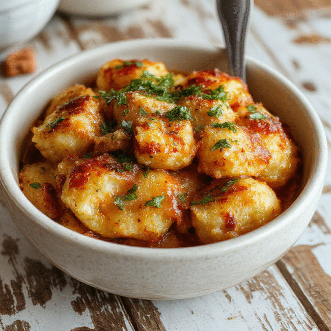 A golden baked tater tot casserole in a rustic white baking dish, topped with melted cheese and crispy tater tots, garnished with chopped herbs, on a wooden table with a cozy kitchen background.