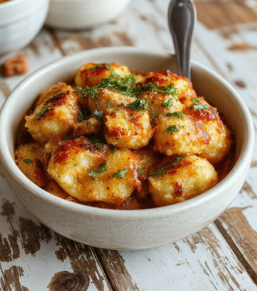 A golden baked tater tot casserole in a rustic white baking dish, topped with melted cheese and crispy tater tots, garnished with chopped herbs, on a wooden table with a cozy kitchen background.